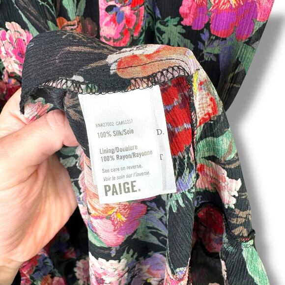PAIGE NWOT Paradise Floral Silk Chiffon Flutter Sleeve Smocked Tiered Midi Dress - Picture 11 of 12